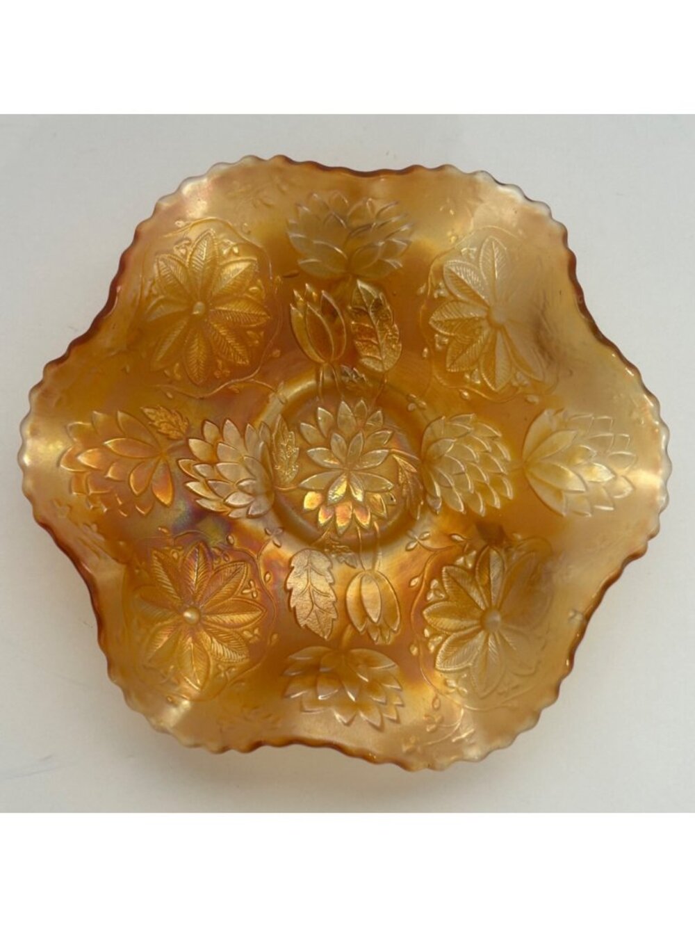 Fenton Carnival Glass Footed Dish Floral Marigold Iridescent Scalloped Edges - Picture 9 of 10